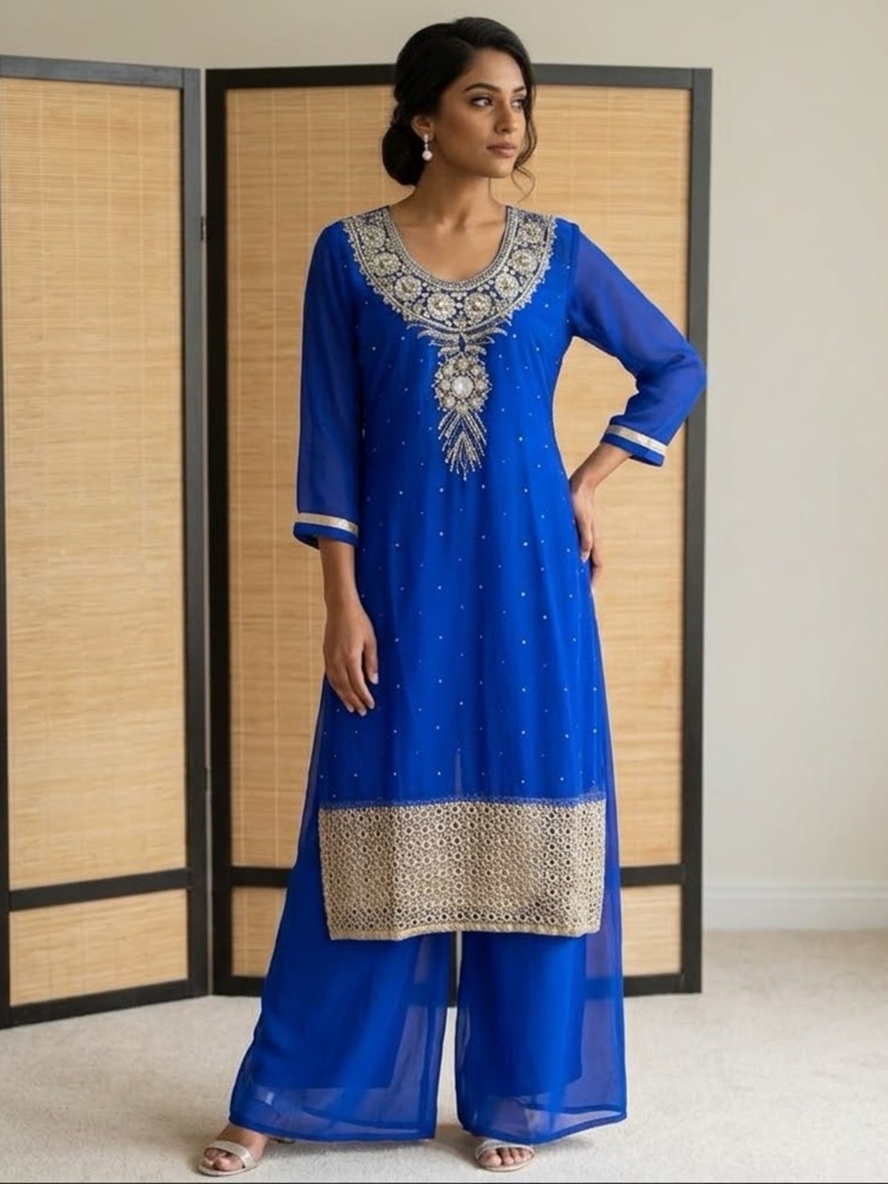 Royal Blue Embroidered Kurta Palazzo Suit Set 2 Piece Size M/L